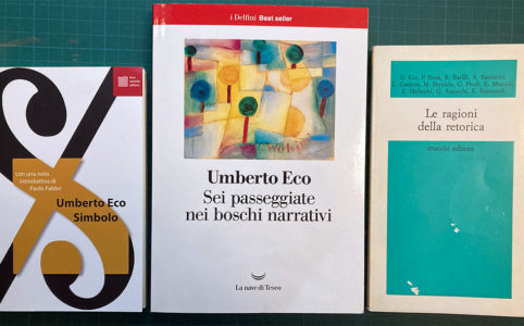 Libri di Umberto Eco: Simboli; Sei passeggiate nei boschi narrativi, Le ragioni della retorica. Copertine dei libri della Biblioteca Amnesia